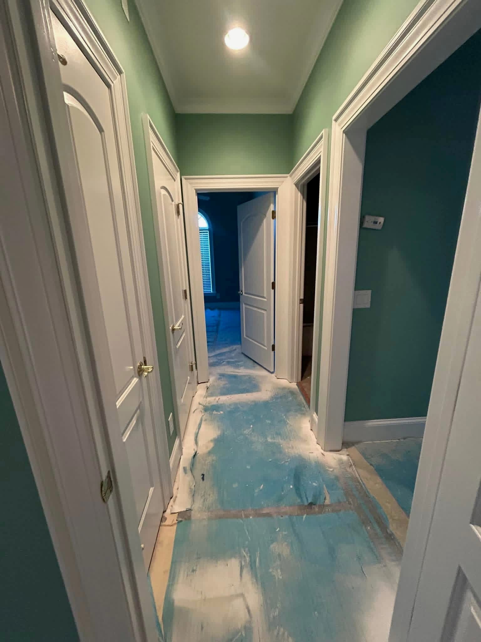 Interior hallway with sage green walls and crisp white trim painting by Tacho Painting LLC